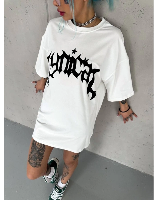 kadın Bisiklet Yaka Baskılı Oversize  Kısa kol T-Shirt - Beyaz