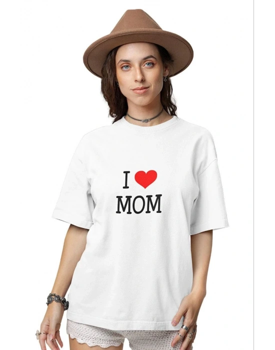 kadın Bisiklet Yaka Baskılı Oversize Kısa kol  T-Shirt - Beyaz