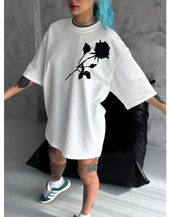 kadın Bisiklet Yaka Baskılı Oversize  Kısa kol T-Shirt - Beyaz