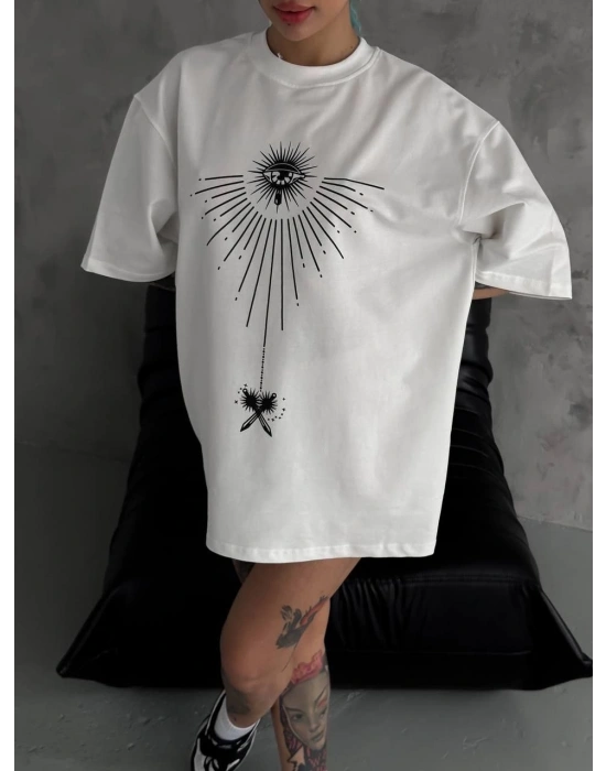 kadın Bisiklet Yaka Baskılı Oversize  Kısa kol T-Shirt - Beyaz
