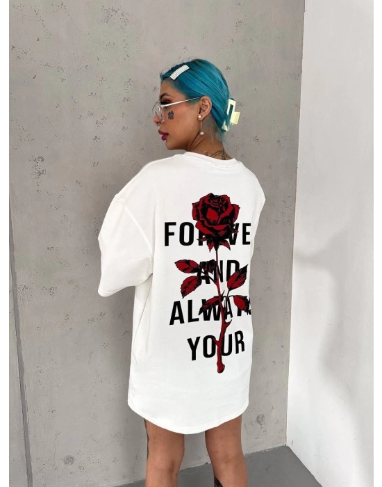 kadın Bisiklet Yaka Baskılı Oversize Kısa kol  T-Shirt - Beyaz