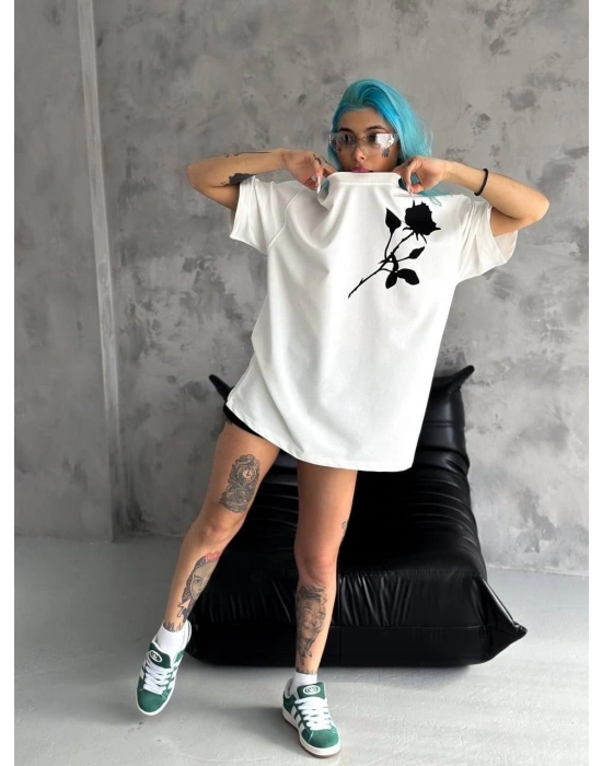 kadın Bisiklet Yaka Baskılı Oversize  Kısa kol T-Shirt - Beyaz