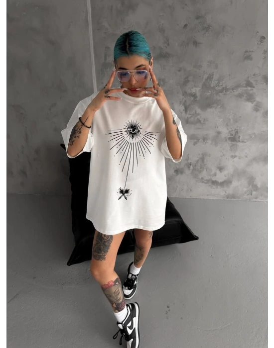 kadın Bisiklet Yaka Baskılı Oversize  Kısa kol T-Shirt - Beyaz