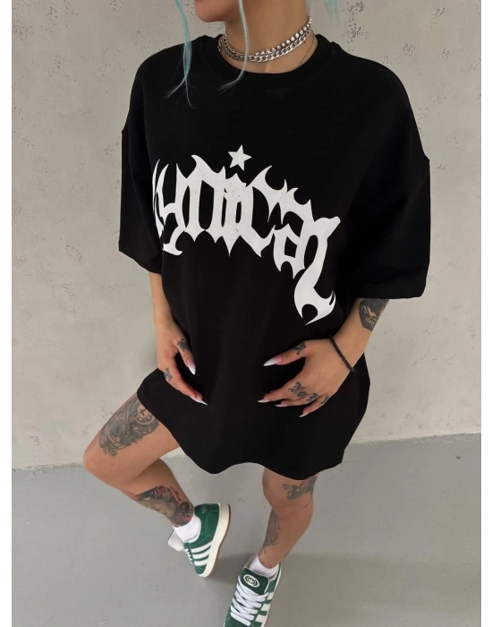 kadın Bisiklet Yaka Baskılı Oversize Kısa kol  T-Shirt - Siyah