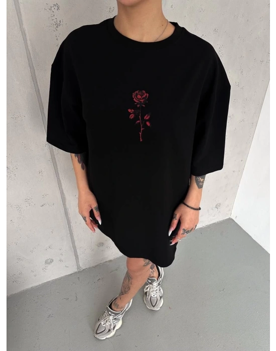 kadın Bisiklet Yaka Baskılı Oversize  Kısa kol T-Shirt - Siyah