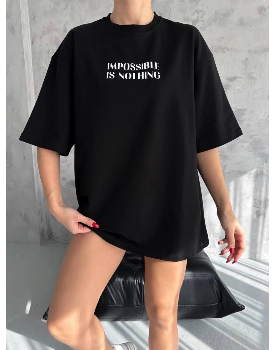 kadın Bisiklet Yaka Baskılı Oversize  Kısa kol T-Shirt - Siyah