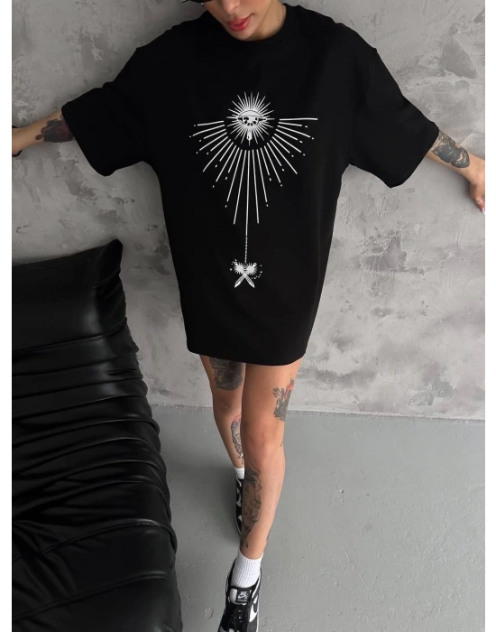 kadın Bisiklet Yaka Baskılı Oversize  Kısa kol T-Shirt - Siyah