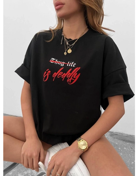 kadın Bisiklet Yaka Baskılı Oversize  Kısa kol T-Shirt - Siyah