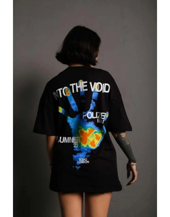 kadın Bisiklet Yaka Baskılı Oversize Kısa kol T-Shirt - Siyah