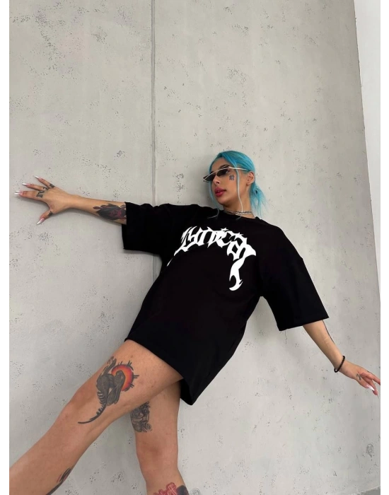 kadın Bisiklet Yaka Baskılı Oversize Kısa kol  T-Shirt - Siyah