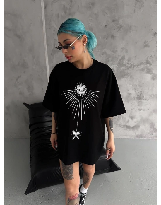 kadın Bisiklet Yaka Baskılı Oversize  Kısa kol T-Shirt - Siyah