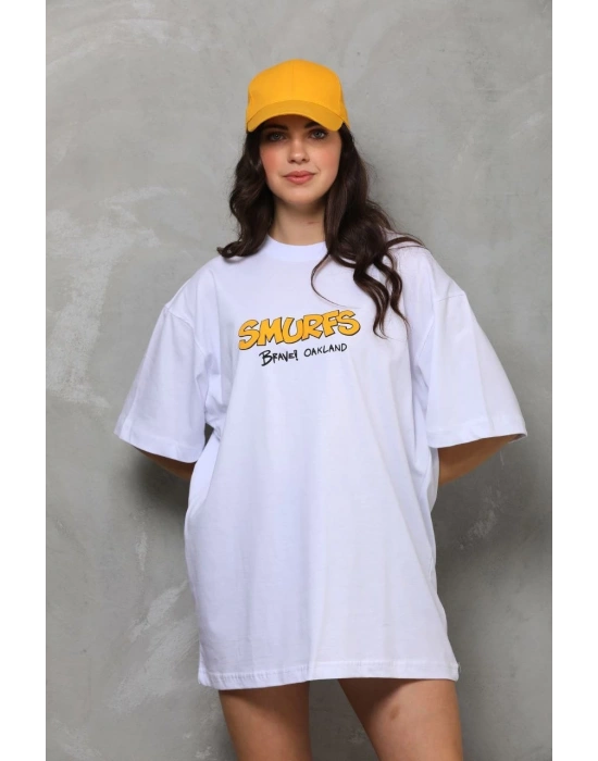 kadın Bisiklet Yaka Baskılı Oversize T-Shirt - Beyaz