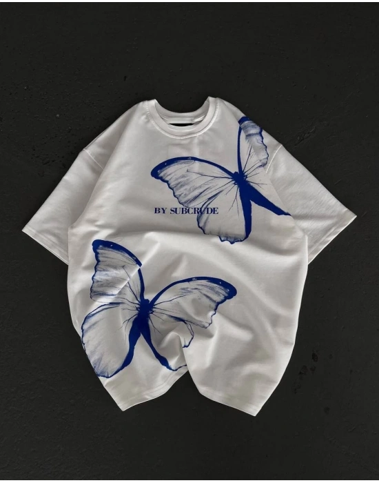 kadın  Bisiklet Yaka Baskılı Oversize T-Shirt - Beyaz