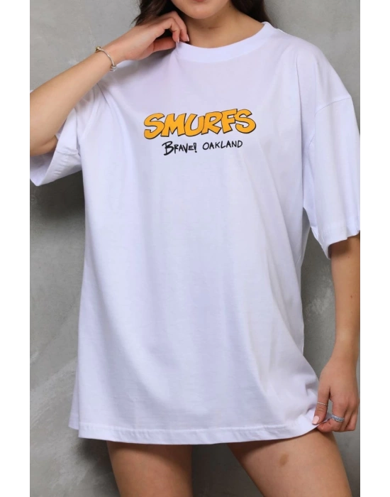 kadın Bisiklet Yaka Baskılı Oversize T-Shirt - Beyaz