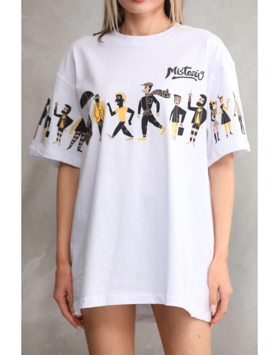 kadın Bisiklet Yaka Baskılı Oversize T-Shirt - Beyaz