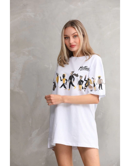 kadın Bisiklet Yaka Baskılı Oversize T-Shirt - Beyaz