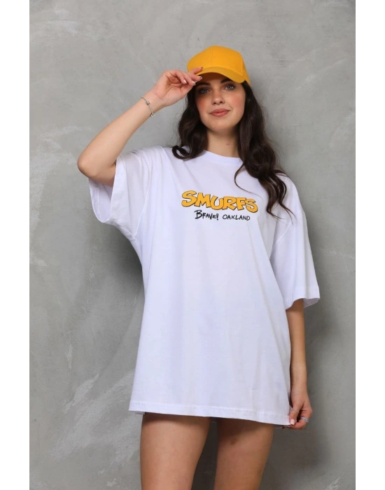 kadın Bisiklet Yaka Baskılı Oversize T-Shirt - Beyaz