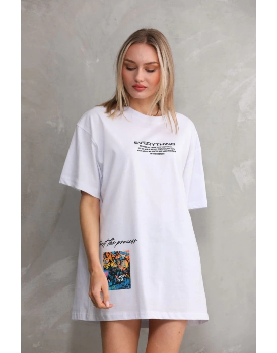 kadın Bisiklet Yaka Baskılı Oversize T-Shirt - Beyaz