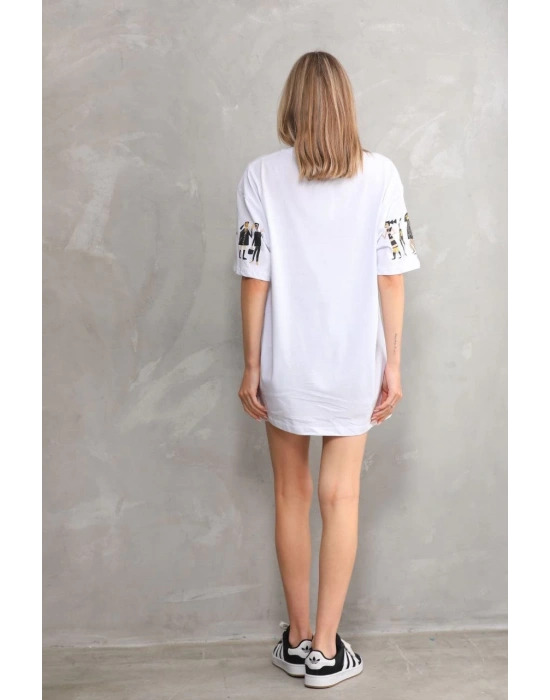 kadın Bisiklet Yaka Baskılı Oversize T-Shirt - Beyaz