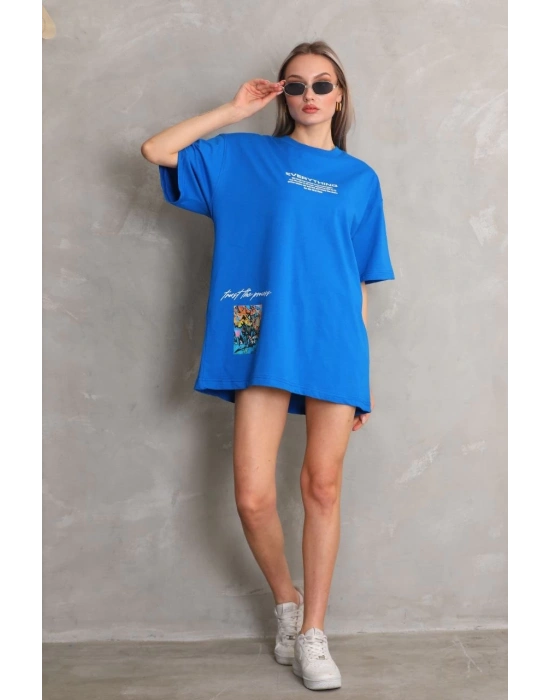 kadın Bisiklet Yaka Baskılı Oversize T-Shirt - Mavi