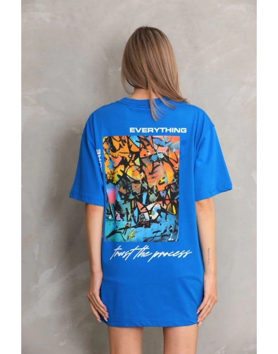 kadın Bisiklet Yaka Baskılı Oversize T-Shirt - Mavi