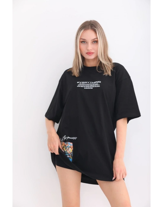 kadın  Bisiklet Yaka Baskılı Oversize T-Shirt - Siyah