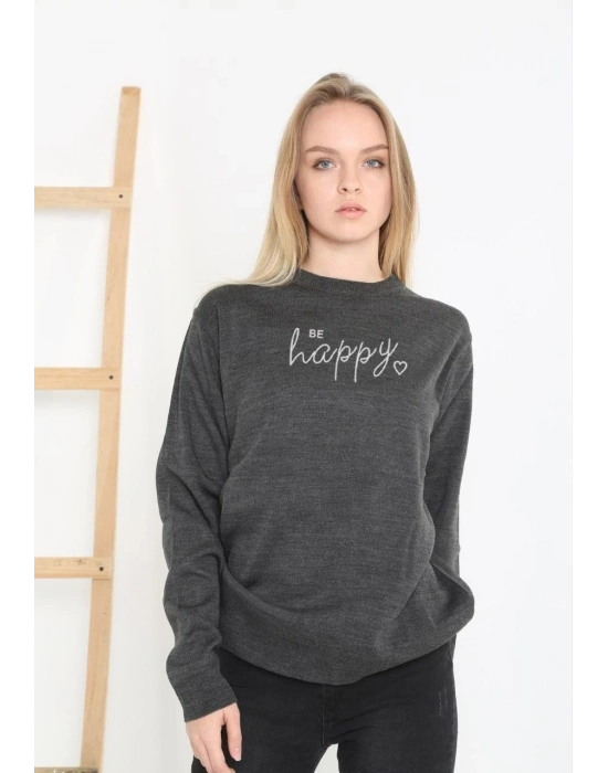 Kadın Bisiklet Yaka Kazak Baskılı Dokuma Triko - Füme