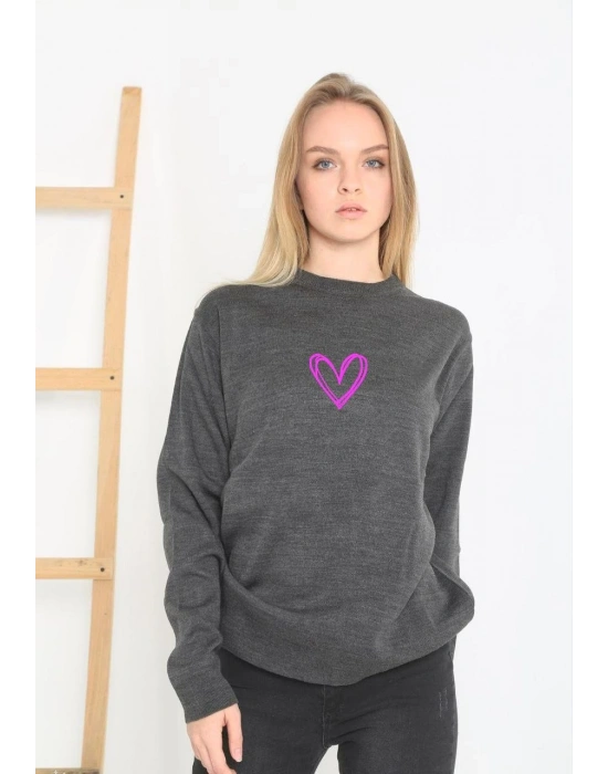 Kadın Bisiklet Yaka Kazak Baskılı Dokuma Triko - Füme