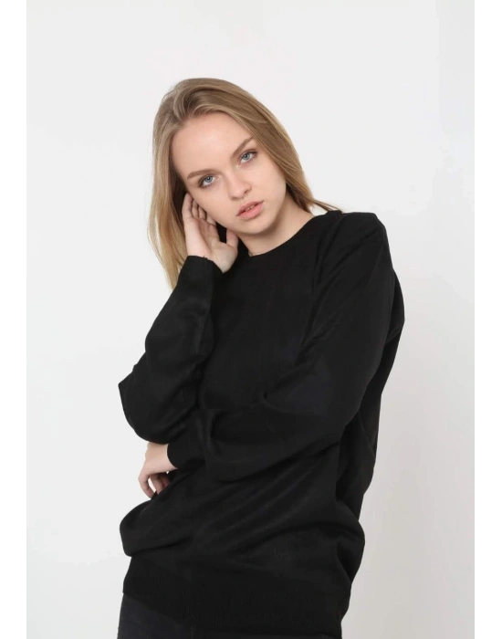 Kadın Bisiklet yaka Kazak Uzun Kol Dokuma Triko - Siyah