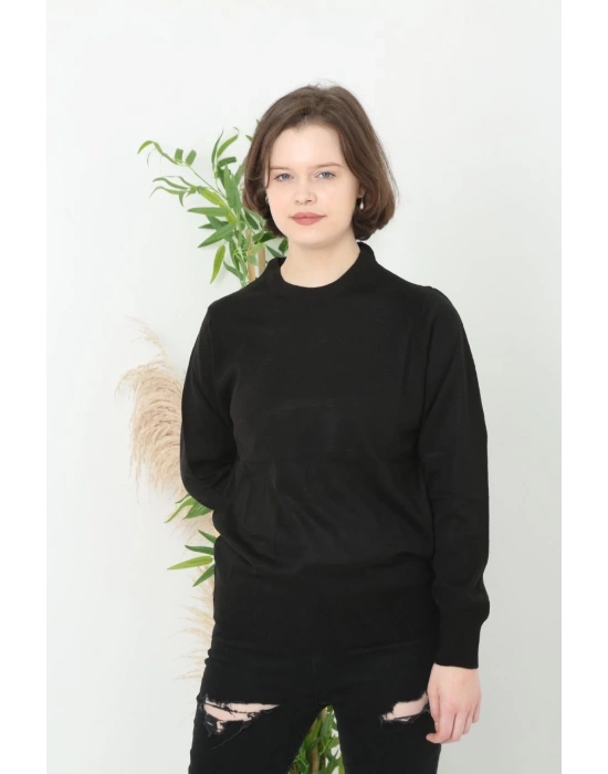 Kadın Bisiklet yaka Kazak Uzun Kol Dokuma Triko - Siyah