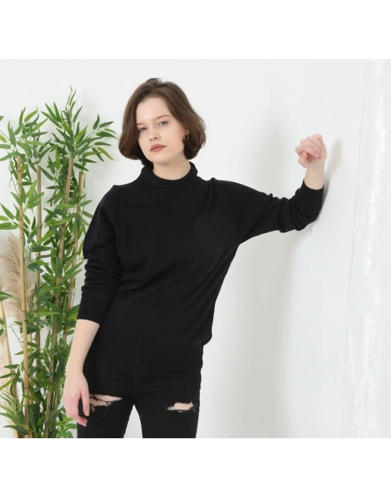 Kadın Bisiklet yaka Kazak Uzun Kol Dokuma Triko - Siyah