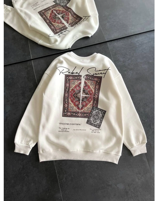 Kadın Bisiklet Yaka Kilim Halı Baskılı 3 İplik Pamuklu Sweatshirt - Beyaz