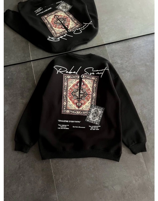 Kadın Bisiklet Yaka Kilim Halı Baskılı 3 İplik Pamuklu Sweatshirt - Siyah