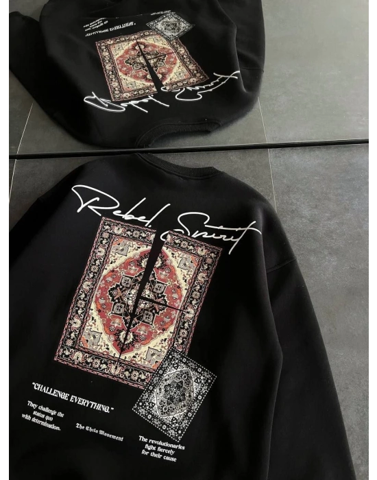 Kadın Bisiklet Yaka Kilim Halı Baskılı 3 İplik Pamuklu Sweatshirt - Siyah