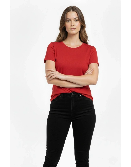 Kadın Bisiklet Yaka Slim Fit Likralı Tişört - Kırmızı