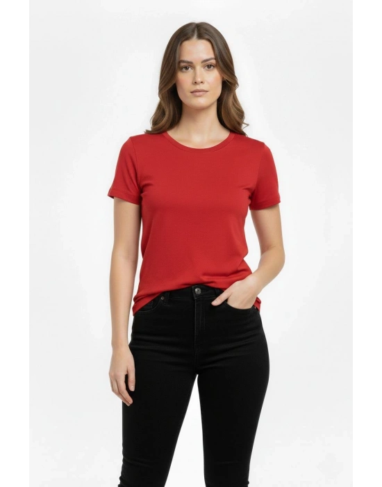 Kadın Bisiklet Yaka Slim Fit Likralı Tişört - Kırmızı