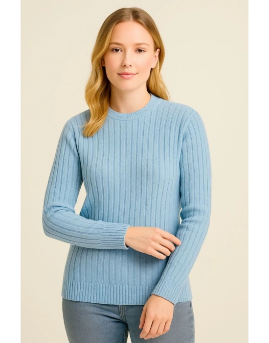Kadın Bisiklet Yaka Triko Kazak Pamuklu Kalın Fitilli Dokuma - Bebe Mavisi