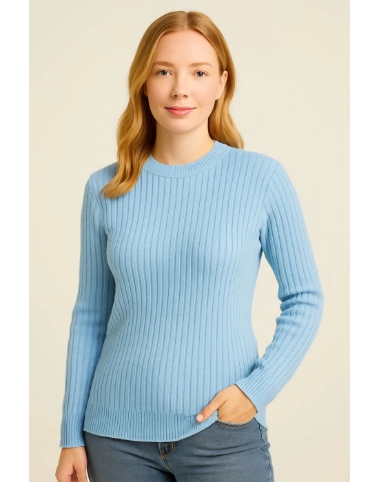 Kadın Bisiklet Yaka Triko Kazak Pamuklu Kalın Fitilli Dokuma - Bebe Mavisi