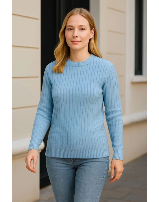 Kadın Bisiklet Yaka Triko Kazak Pamuklu Kalın Fitilli Dokuma - Bebe Mavisi