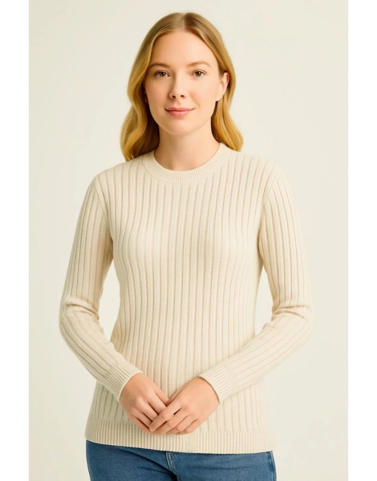 Kadın Bisiklet Yaka Triko Kazak Pamuklu Kalın Fitilli Dokuma Regular Fit - Bej