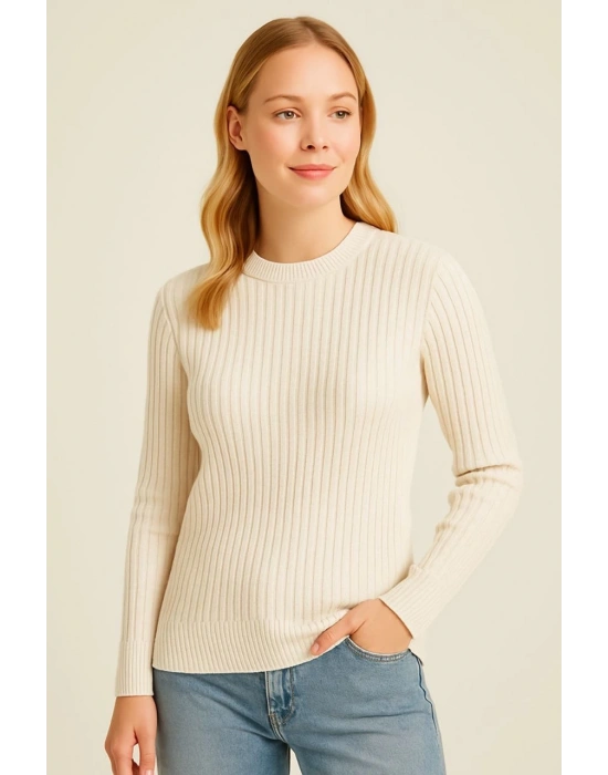 Kadın Bisiklet Yaka Triko Kazak Pamuklu Kalın Fitilli Dokuma Regular Fit - Bej