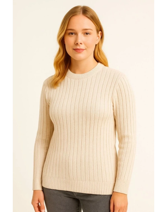 Kadın Bisiklet Yaka Triko Kazak Pamuklu Kalın Fitilli Dokuma Regular Fit - Bej