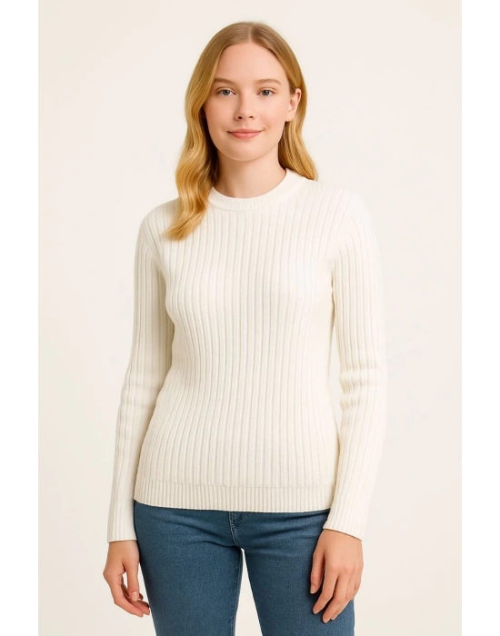 Kadın Bisiklet Yaka Triko Kazak Pamuklu Kalın Fitilli Dokuma Regular Fit - Beyaz