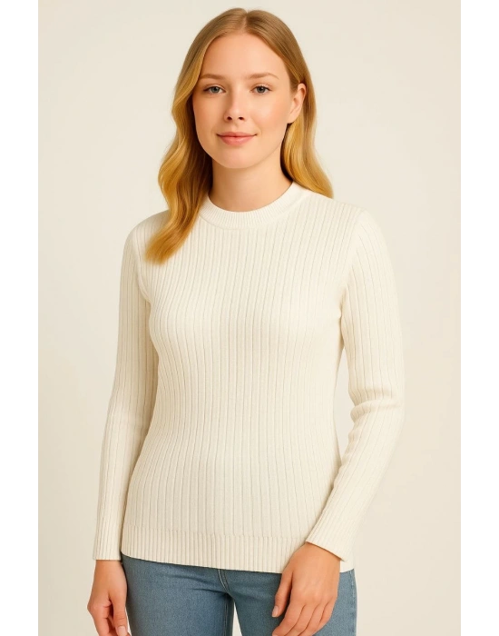 Kadın Bisiklet Yaka Triko Kazak Pamuklu Kalın Fitilli Dokuma Regular Fit - Beyaz