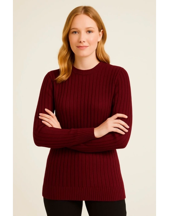 Kadın Bisiklet Yaka Triko Kazak Pamuklu Kalın Fitilli Dokuma Regular Fit - Bordo