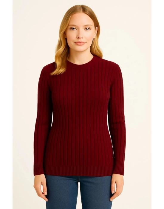 Kadın Bisiklet Yaka Triko Kazak Pamuklu Kalın Fitilli Dokuma Regular Fit - Bordo
