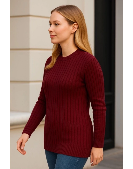 Kadın Bisiklet Yaka Triko Kazak Pamuklu Kalın Fitilli Dokuma Regular Fit - Bordo