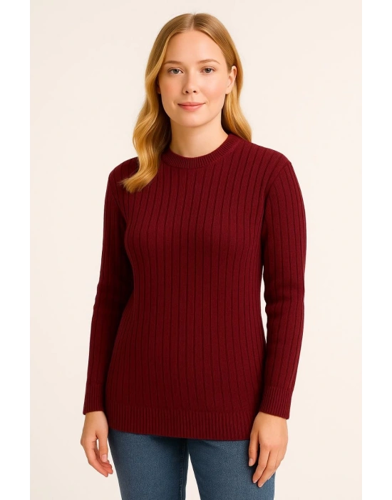 Kadın Bisiklet Yaka Triko Kazak Pamuklu Kalın Fitilli Dokuma Regular Fit - Bordo