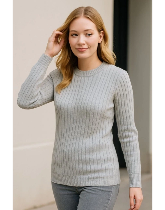 Kadın Bisiklet Yaka Triko Kazak Pamuklu Kalın Fitilli Dokuma Regular Fit - Gri