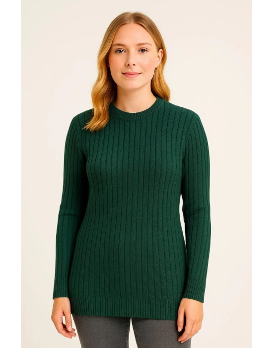 Kadın Bisiklet Yaka Triko Kazak Pamuklu Kalın Fitilli Dokuma Regular Fit - Haki